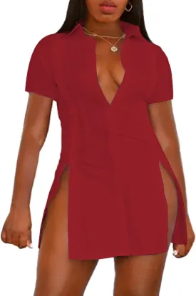 Umenlele Womens Collared Button Down Short Sleeve Split Side Work Long Blouse Top Dress Shirt