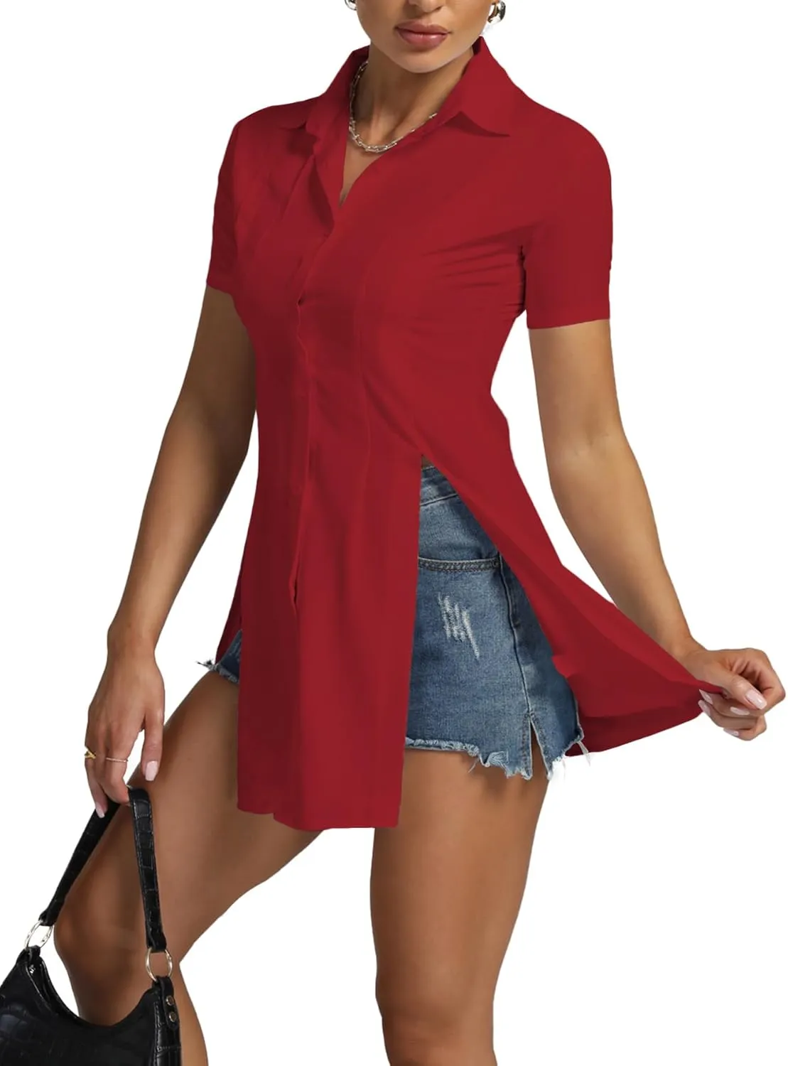 Umenlele Womens Collared Button Down Short Sleeve Split Side Work Long Blouse Top Dress Shirt