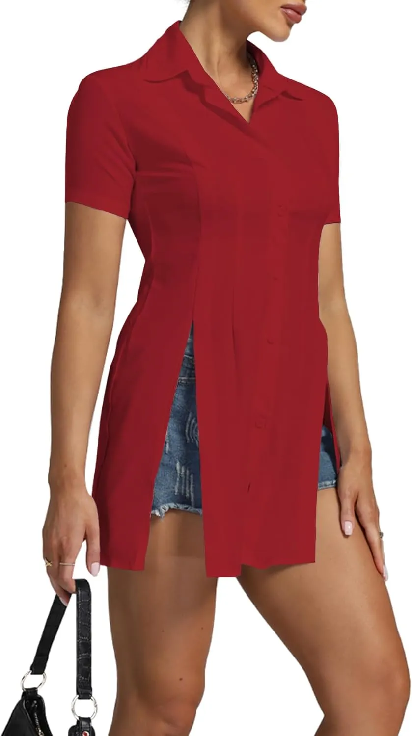 Umenlele Womens Collared Button Down Short Sleeve Split Side Work Long Blouse Top Dress Shirt