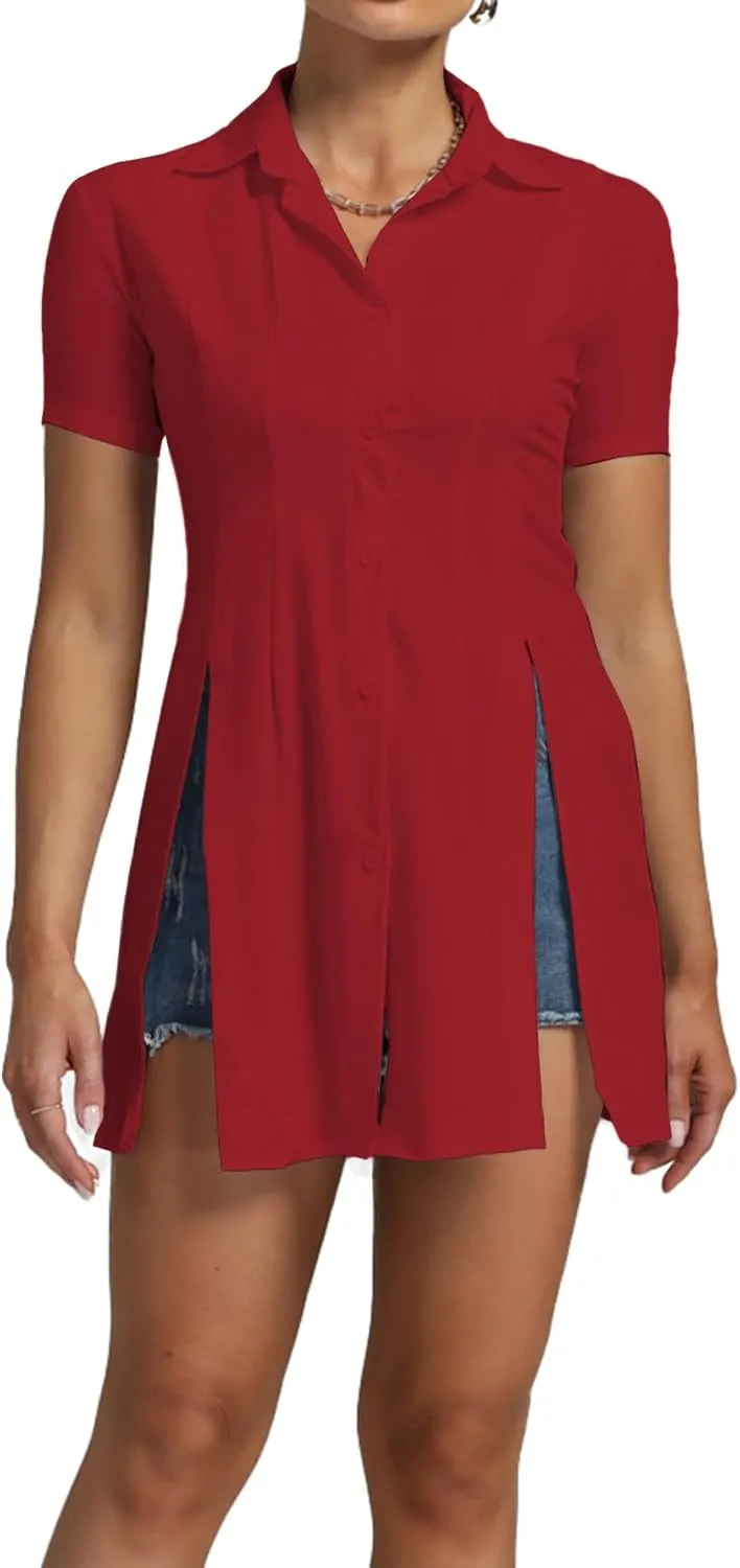 Umenlele Womens Collared Button Down Short Sleeve Split Side Work Long Blouse Top Dress Shirt
