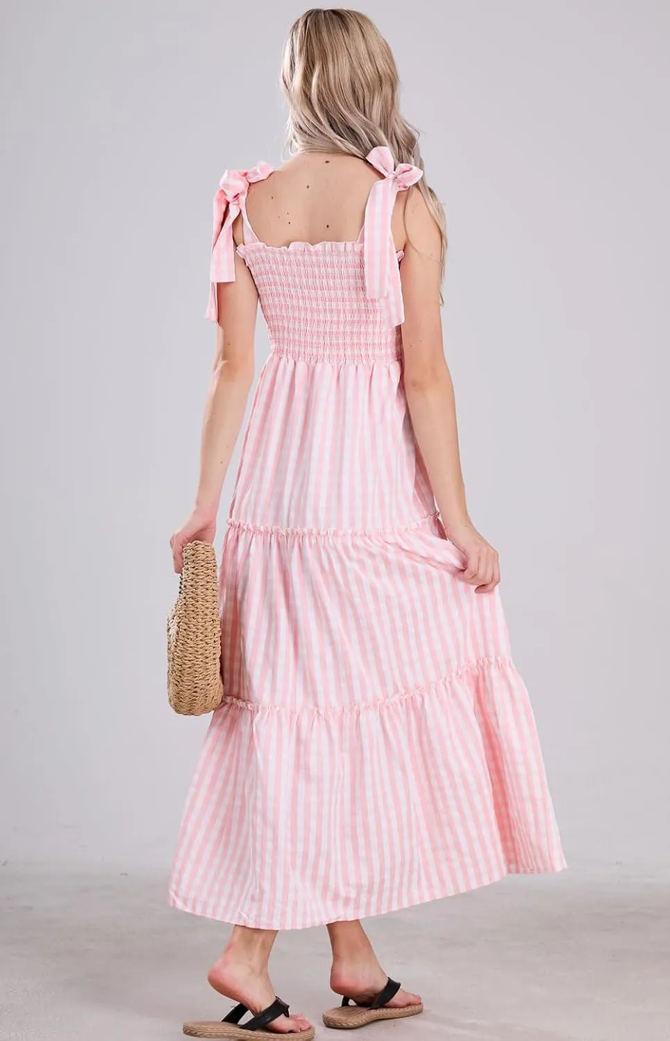 utcoco Women's 2025 Summer Boho Plaid Smocked Dress Spaghetti Strap Square Neck A Line Tiered Long Maxi Dress