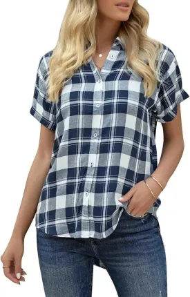 Veatzaer Women's Plaid Short Sleeve Button Down Shirt Casual Summer Blouses Tops