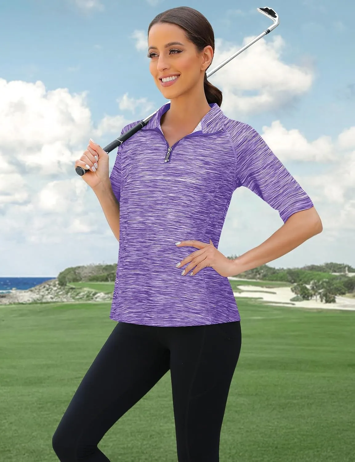 Viracy Half Sleeve Womens Golf Polo Shirts 1/4 Zip Up Moisture Wicking Running Workout Tops