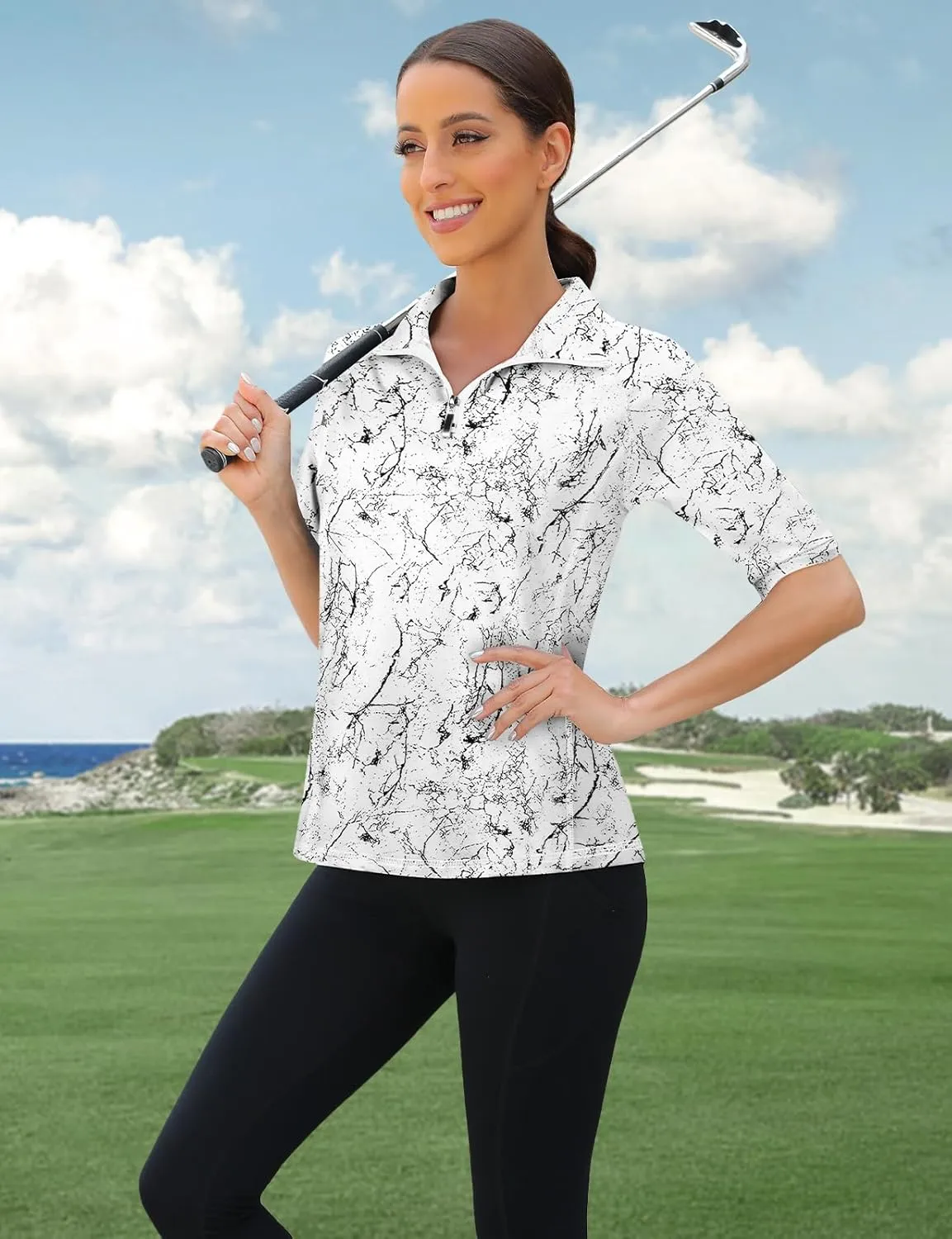 Viracy Half Sleeve Womens Golf Polo Shirts 1/4 Zip Up Moisture Wicking Running Workout Tops