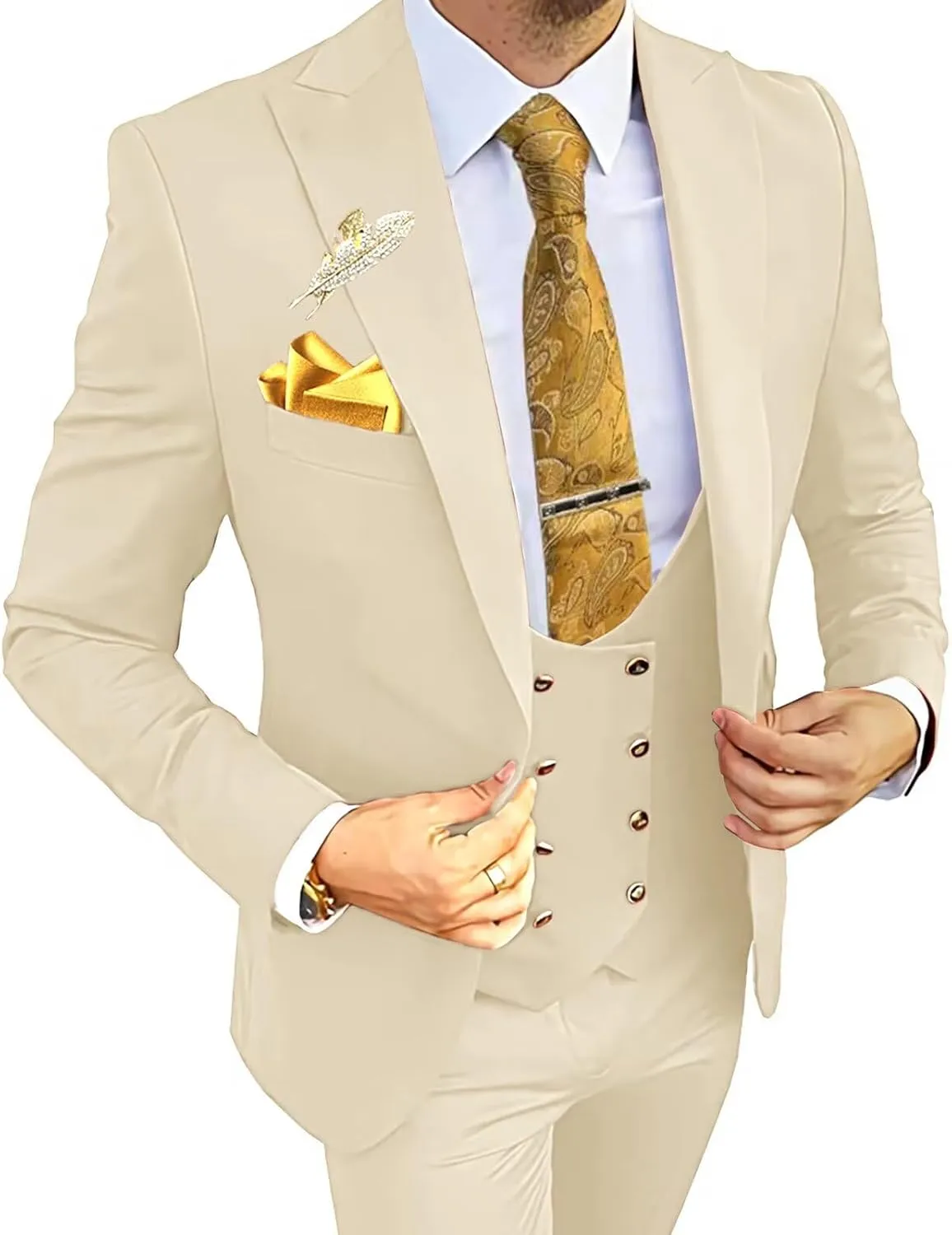 Wangyue 3 Piece Men's Suits Slim Fit Suits for Men Double Breasted Suit Men Wedding Prom