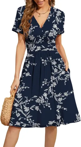 WEACZZY Women's Summer Short Sleeve Casual Dresses V-Neck Floral Party Dress with Pockets