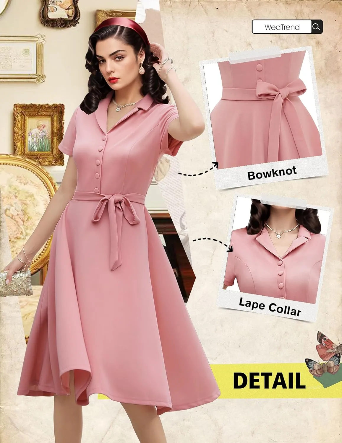 Wedtrend Women's Vintage Tea Dress, Short Sleeve Cocktail Party Dress Work Church Casual Dress