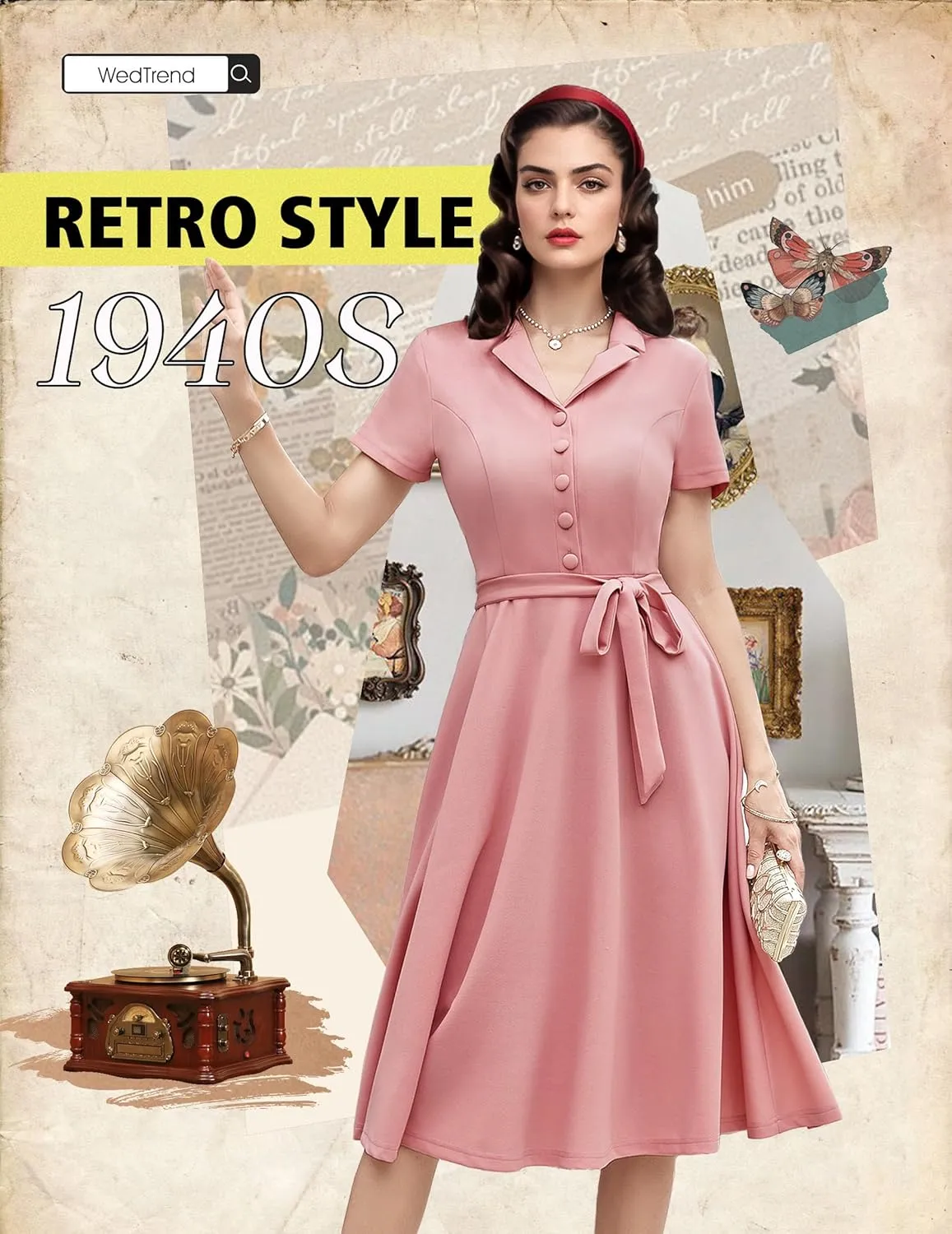 Wedtrend Women's Vintage Tea Dress, Short Sleeve Cocktail Party Dress Work Church Casual Dress