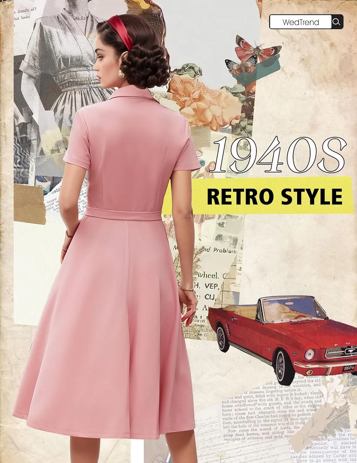 Wedtrend Women's Vintage Tea Dress, Short Sleeve Cocktail Party Dress Work Church Casual Dress