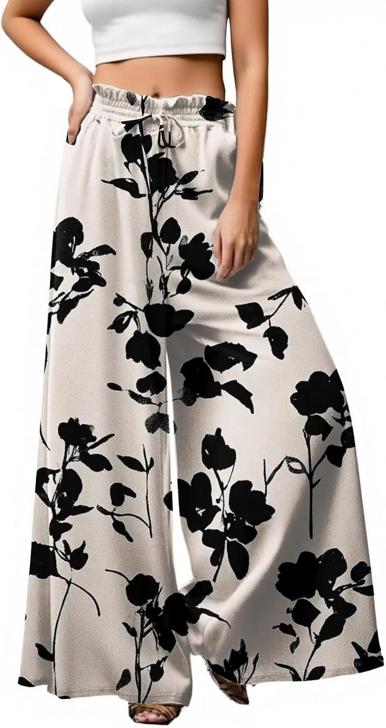 Women Casual High Waist Wide Leg Pants Summer Long Palazzo Pants Flowy Pants for Women Lounge Beach Trousers with Pocket