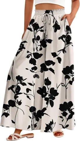 Women Casual High Waist Wide Leg Pants Summer Long Palazzo Pants Flowy Pants for Women Lounge Beach Trousers with Pocket