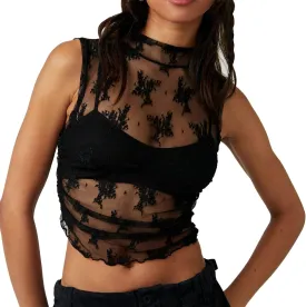 Women Floral Lace Crop Tank Tops Mock Neck Sleeveless See Through Ruched Sheer Mesh Vest Going Out Top
