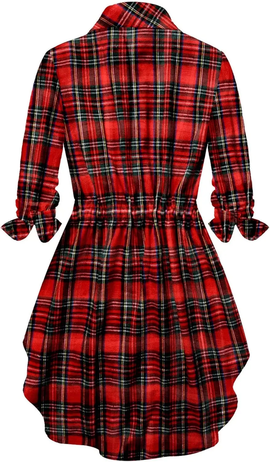 Women Plaid Shirt Dress with PU Waist Belt A-Line High Low Tunic Dresses Elegant Vintage Button Down Dress S-XXL