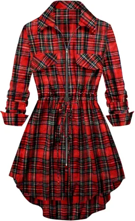 Women Plaid Shirt Dress with PU Waist Belt A-Line High Low Tunic Dresses Elegant Vintage Button Down Dress S-XXL