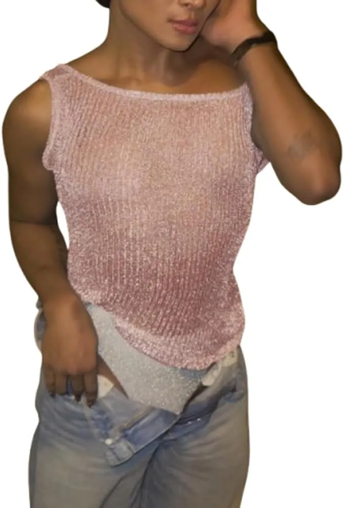 Women Y2K Sequin Cami Tops Sexy Sparkle Halter Backless Low Cut Tank V Neck Open Back Bling Glitter Crop Tops