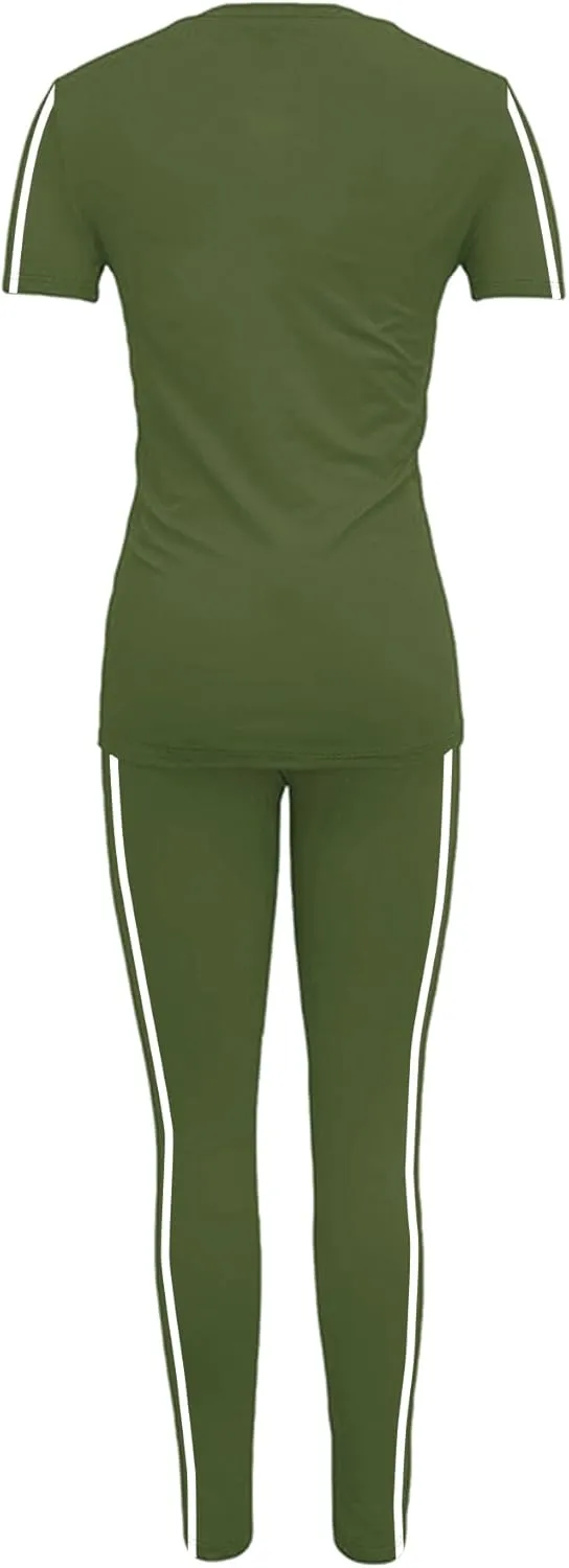 Women's 2 Piece Outfits Sweatsuit Summer Workout Striped Short Sleeve Long Sweatpants Casual Jogging Lounge Set
