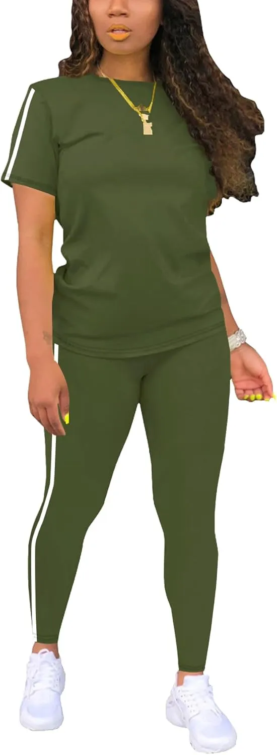 Women's 2 Piece Outfits Sweatsuit Summer Workout Striped Short Sleeve Long Sweatpants Casual Jogging Lounge Set