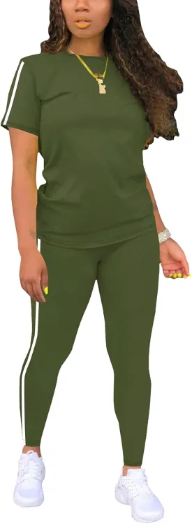 Women's 2 Piece Outfits Sweatsuit Summer Workout Striped Short Sleeve Long Sweatpants Casual Jogging Lounge Set