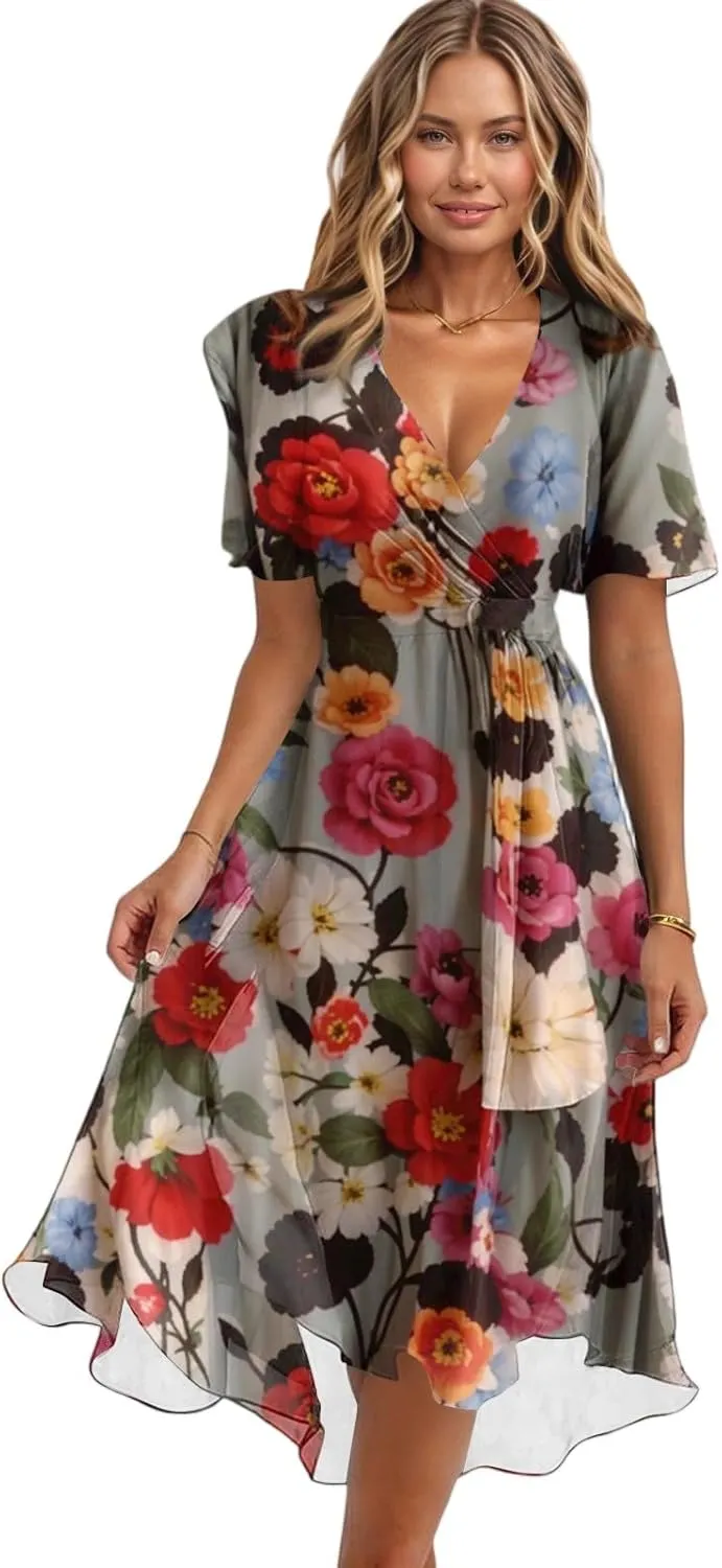 Womens Boho Floral Printed Chiffon Dresses 2025 Elegant V Neck Belted Summer Wedding Prom Cocktail Midi Dress