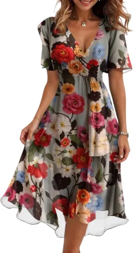 Womens Boho Floral Printed Chiffon Dresses 2025 Elegant V Neck Belted Summer Wedding Prom Cocktail Midi Dress
