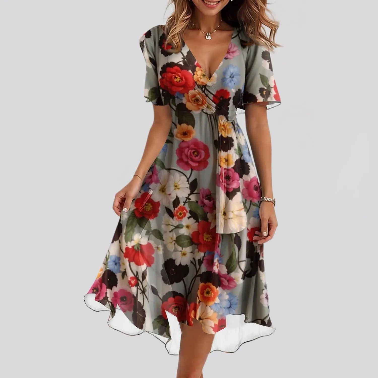 Womens Boho Floral Printed Chiffon Dresses 2025 Elegant V Neck Belted Summer Wedding Prom Cocktail Midi Dress