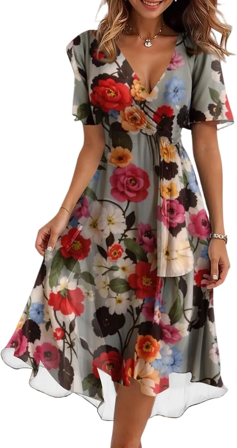 Womens Boho Floral Printed Chiffon Dresses 2025 Elegant V Neck Belted Summer Wedding Prom Cocktail Midi Dress