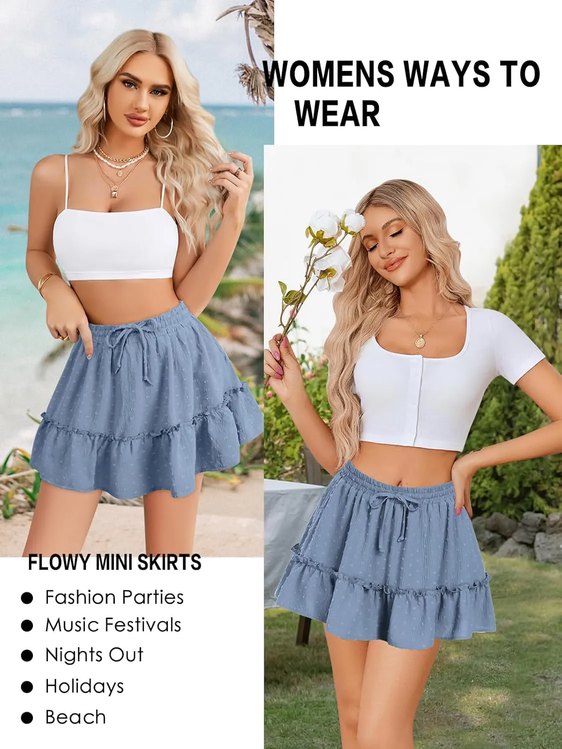 Women's High Waist Ruffle Mini Skirt Built in Shorts A Line Flowy Boho Skirt with Pockets