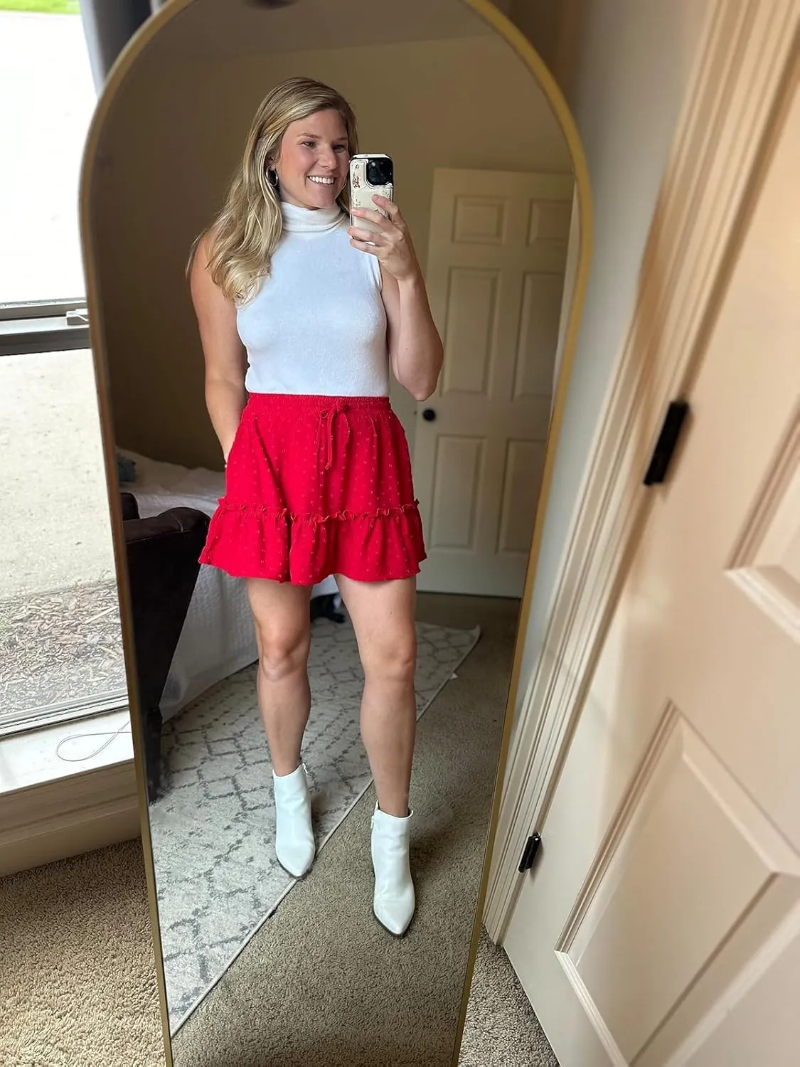 Women's High Waist Ruffle Mini Skirt Built in Shorts A Line Flowy Boho Skirt with Pockets