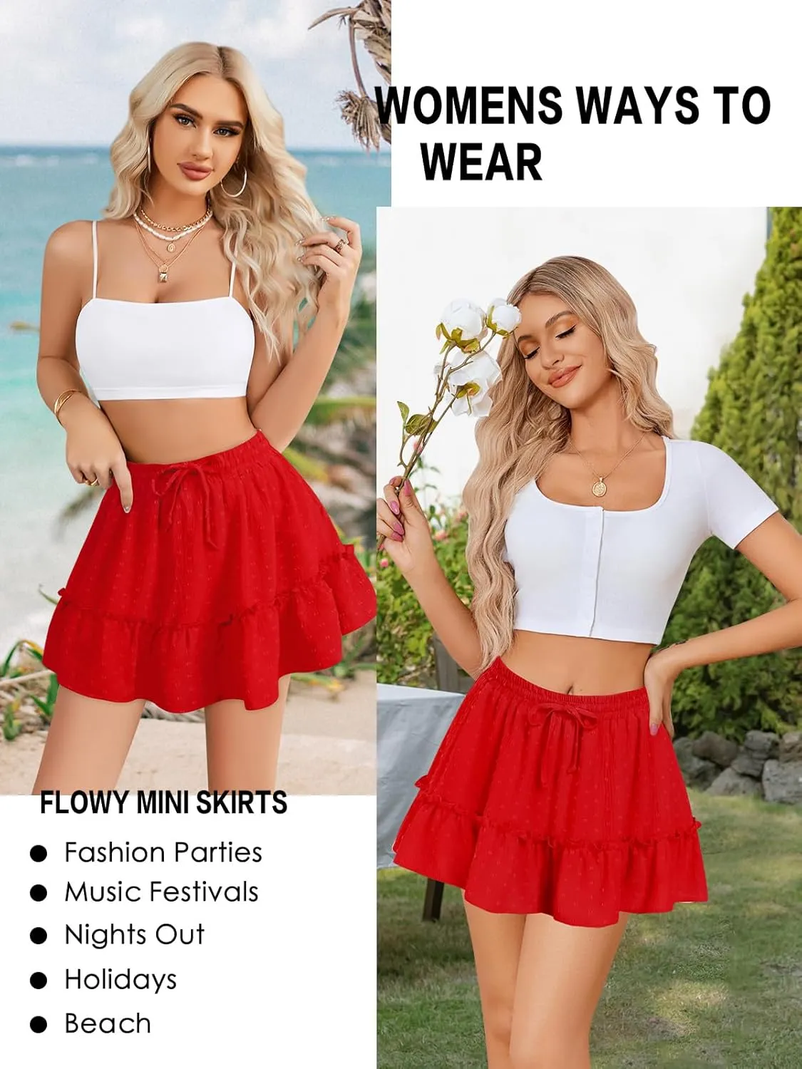 Women's High Waist Ruffle Mini Skirt Built in Shorts A Line Flowy Boho Skirt with Pockets