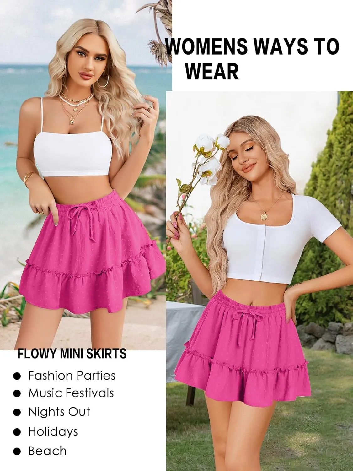 Women's High Waist Ruffle Mini Skirt Built in Shorts A Line Flowy Boho Skirt with Pockets