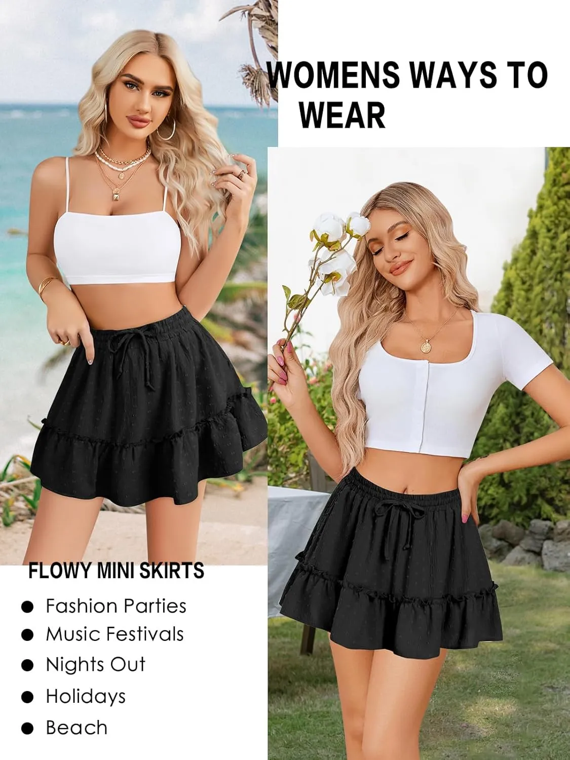 Women's High Waist Ruffle Mini Skirt Built in Shorts A Line Flowy Boho Skirt with Pockets