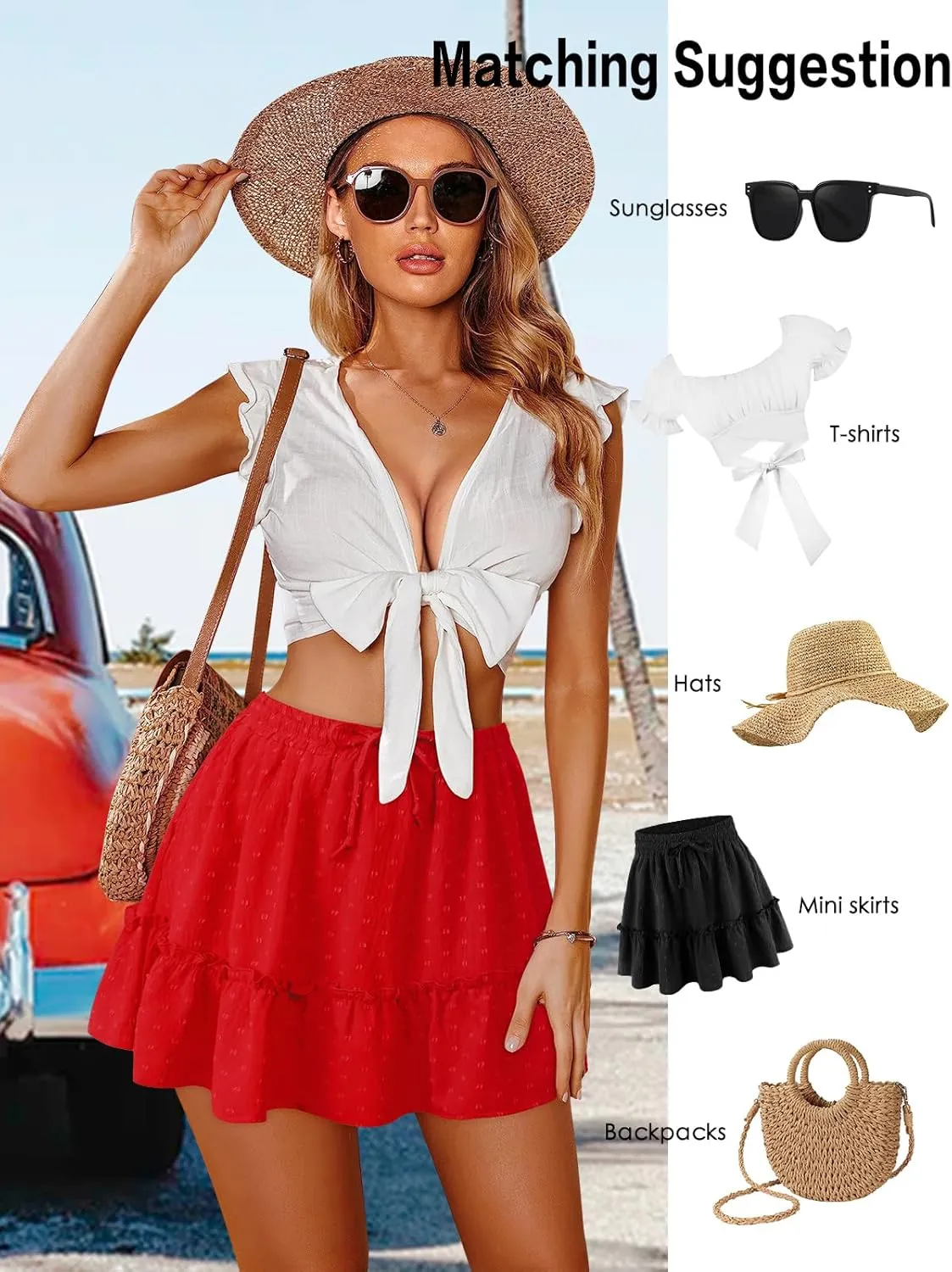 Women's High Waist Ruffle Mini Skirt Built in Shorts A Line Flowy Boho Skirt with Pockets