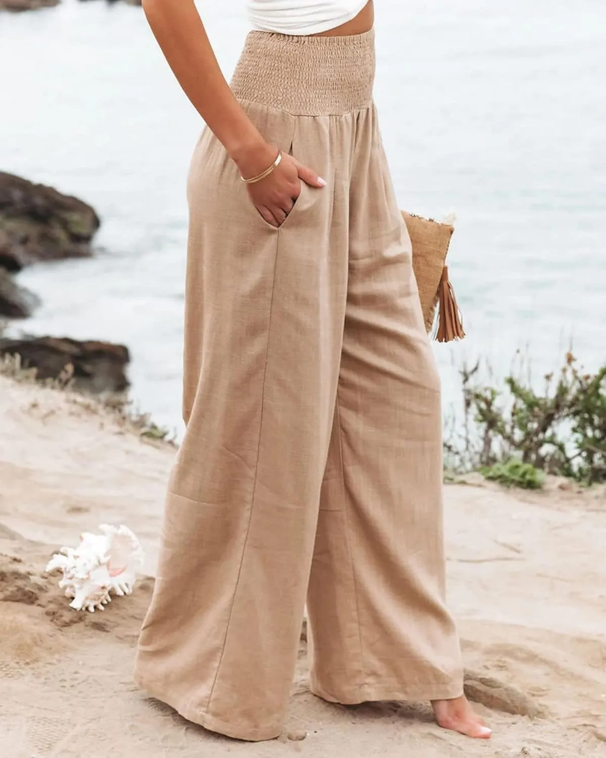 Women's Linen Palazzo Pants Summer High Waisted Boho Wide Leg Long Lounge Pant Trousers with Pocket