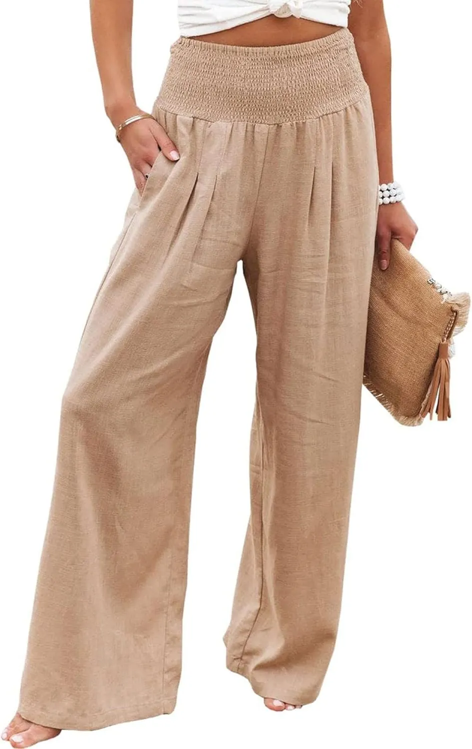 Women's Linen Palazzo Pants Summer High Waisted Boho Wide Leg Long Lounge Pant Trousers with Pocket