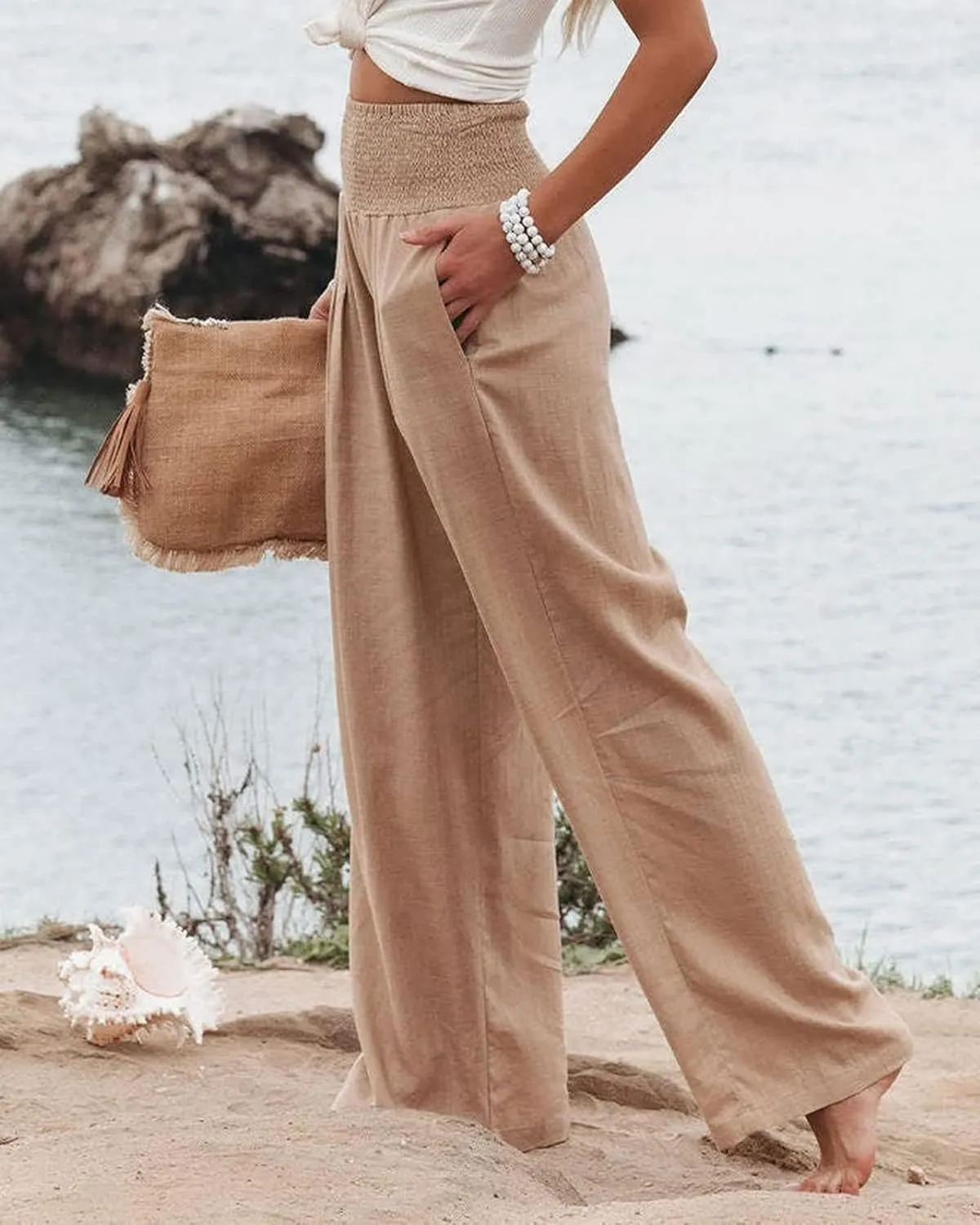 Women's Linen Palazzo Pants Summer High Waisted Boho Wide Leg Long Lounge Pant Trousers with Pocket