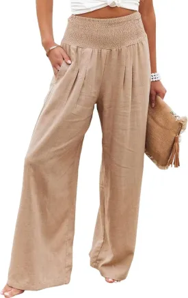 Women's Linen Palazzo Pants Summer High Waisted Boho Wide Leg Long Lounge Pant Trousers with Pocket