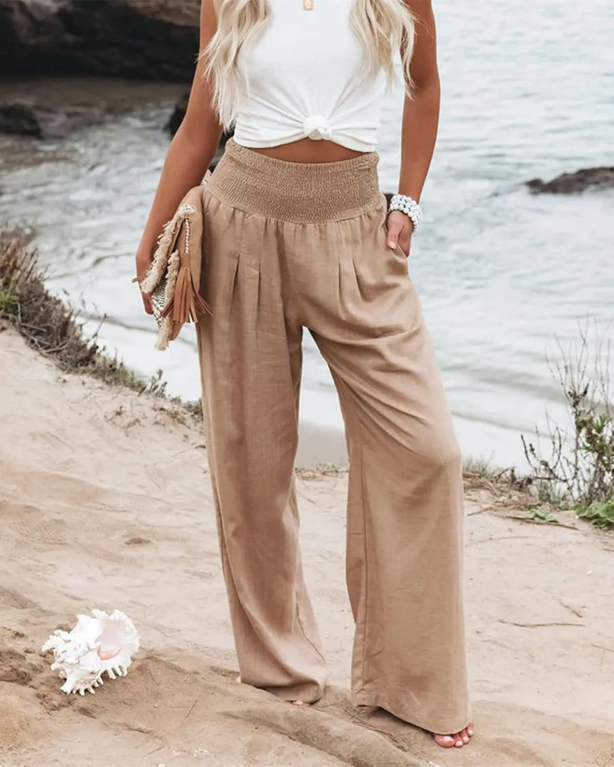 Women's Linen Palazzo Pants Summer High Waisted Boho Wide Leg Long Lounge Pant Trousers with Pocket