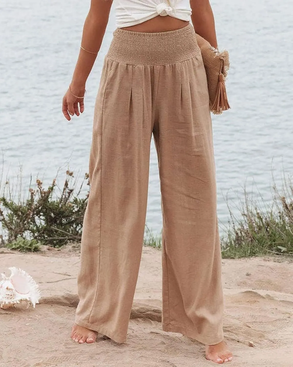 Women's Linen Palazzo Pants Summer High Waisted Boho Wide Leg Long Lounge Pant Trousers with Pocket