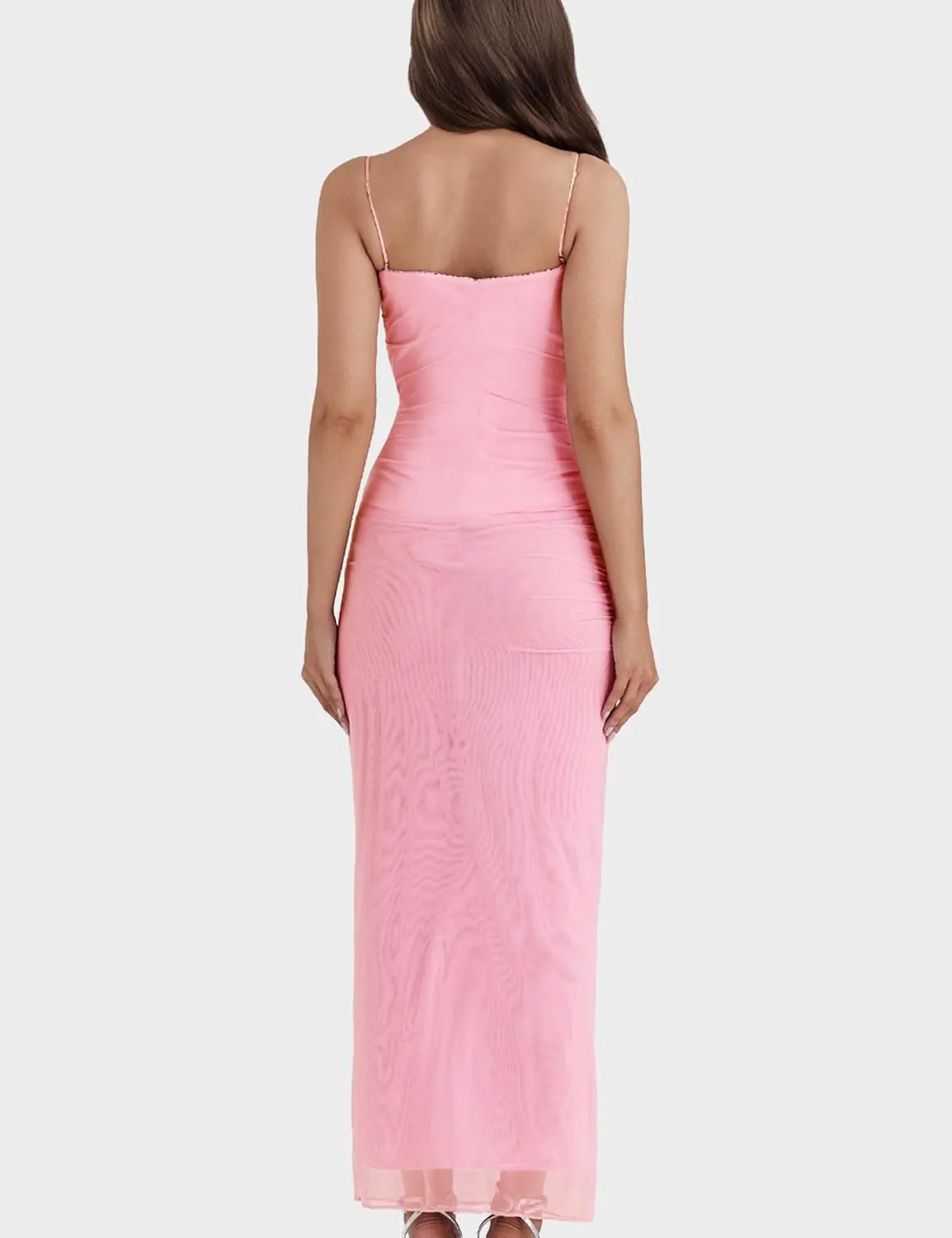 Women's Mesh Double Layer Dresses Lace Trim Maxi Elegant Party Bodycon Dress Slim Fit Back Slit Long Cocktail Party Dresses