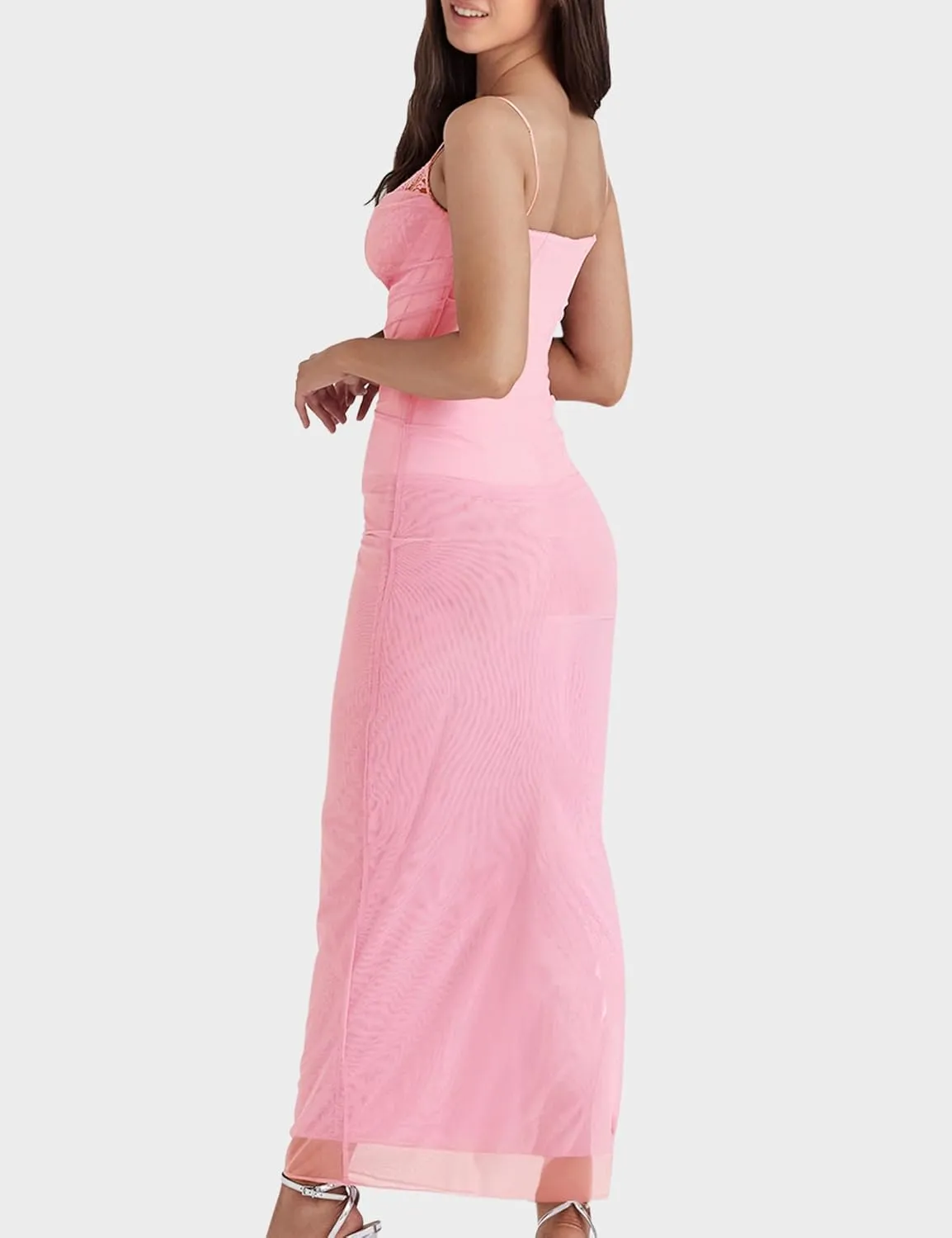 Women's Mesh Double Layer Dresses Lace Trim Maxi Elegant Party Bodycon Dress Slim Fit Back Slit Long Cocktail Party Dresses