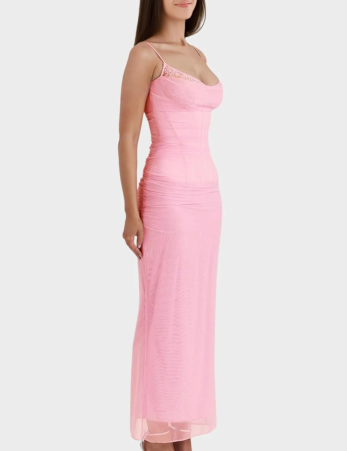 Women's Mesh Double Layer Dresses Lace Trim Maxi Elegant Party Bodycon Dress Slim Fit Back Slit Long Cocktail Party Dresses