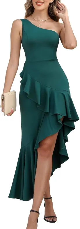 Women's One Shoulder Dress Sleeveless Midi Dresses Asymmetric Ruffle Bodycon Cocktail Party Dress