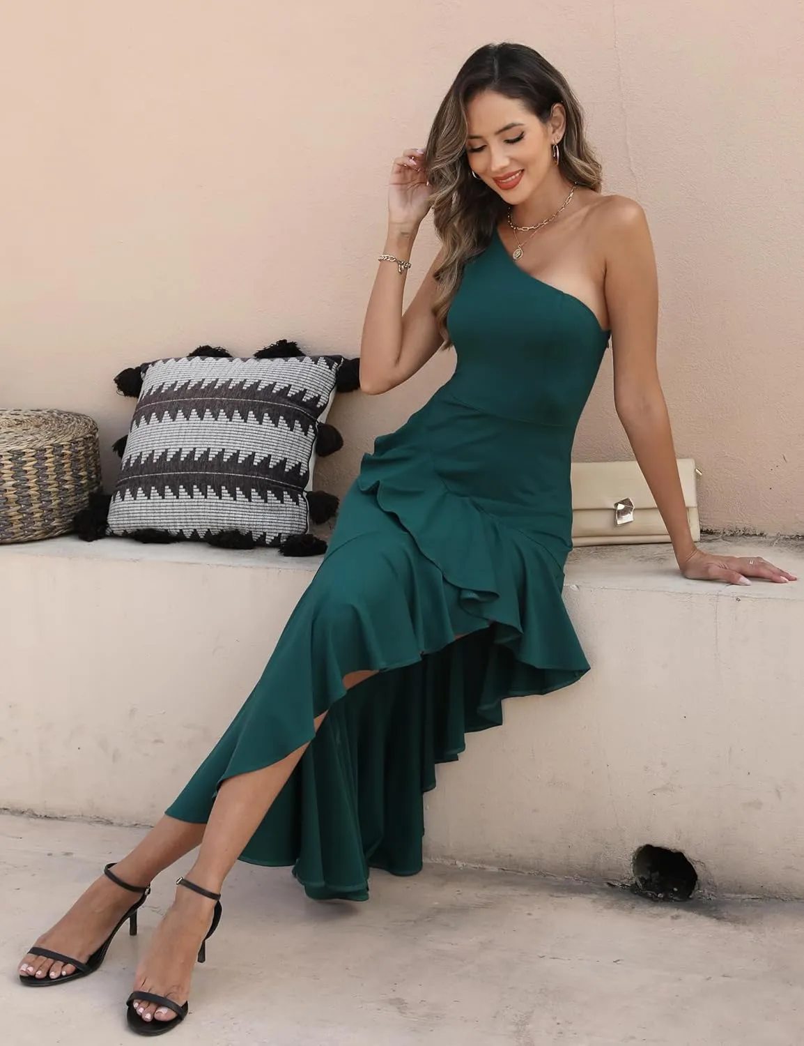 Women's One Shoulder Dress Sleeveless Midi Dresses Asymmetric Ruffle Bodycon Cocktail Party Dress
