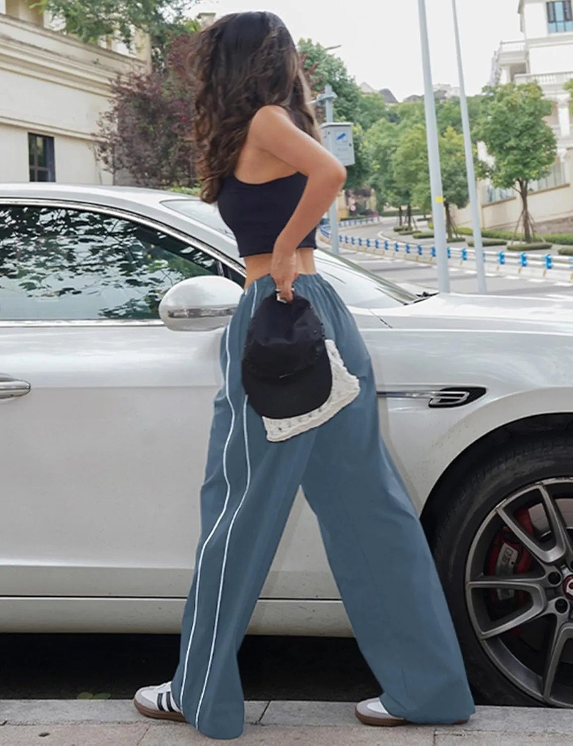 Women's Parachute Pants Baggy Track Y2K Black Elastic Waist Wide Leg Trousers