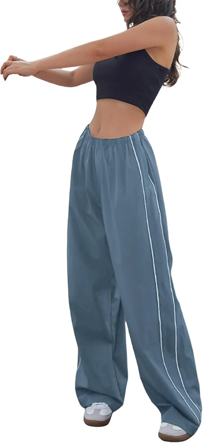Women's Parachute Pants Baggy Track Y2K Black Elastic Waist Wide Leg Trousers