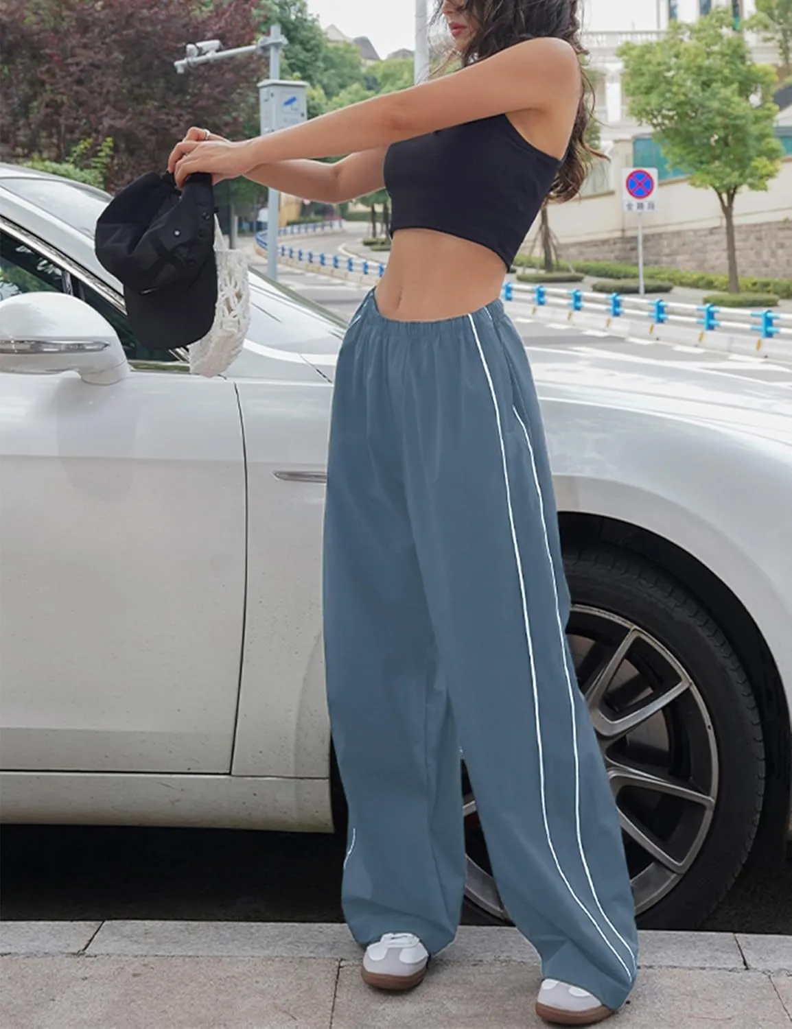Women's Parachute Pants Baggy Track Y2K Black Elastic Waist Wide Leg Trousers