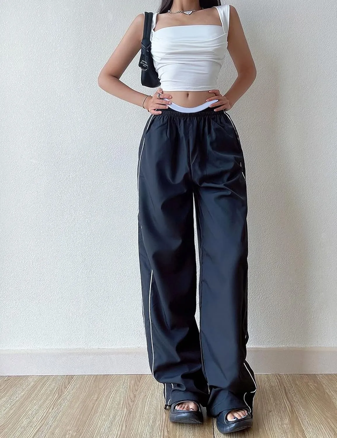 Women's Parachute Pants Baggy Track Y2K Black Elastic Waist Wide Leg Trousers