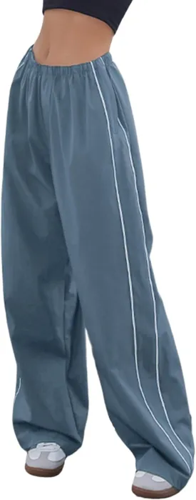 Women's Parachute Pants Baggy Track Y2K Black Elastic Waist Wide Leg Trousers