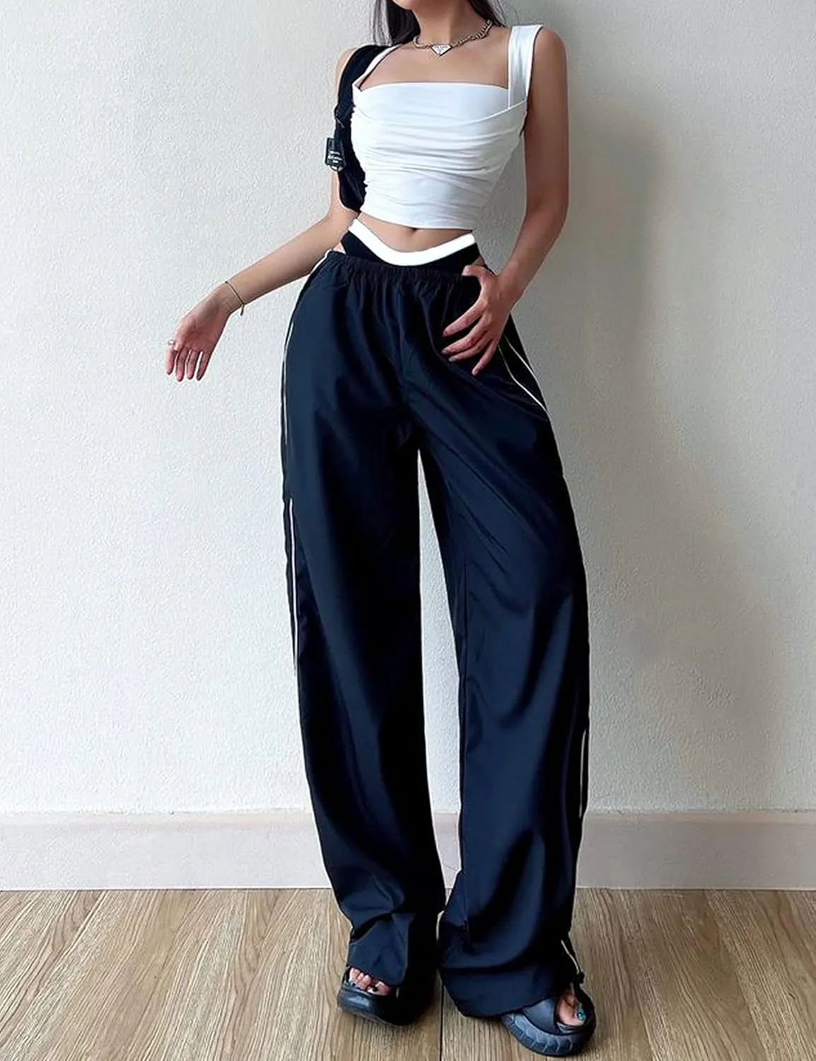 Women's Parachute Pants Baggy Track Y2K Black Elastic Waist Wide Leg Trousers