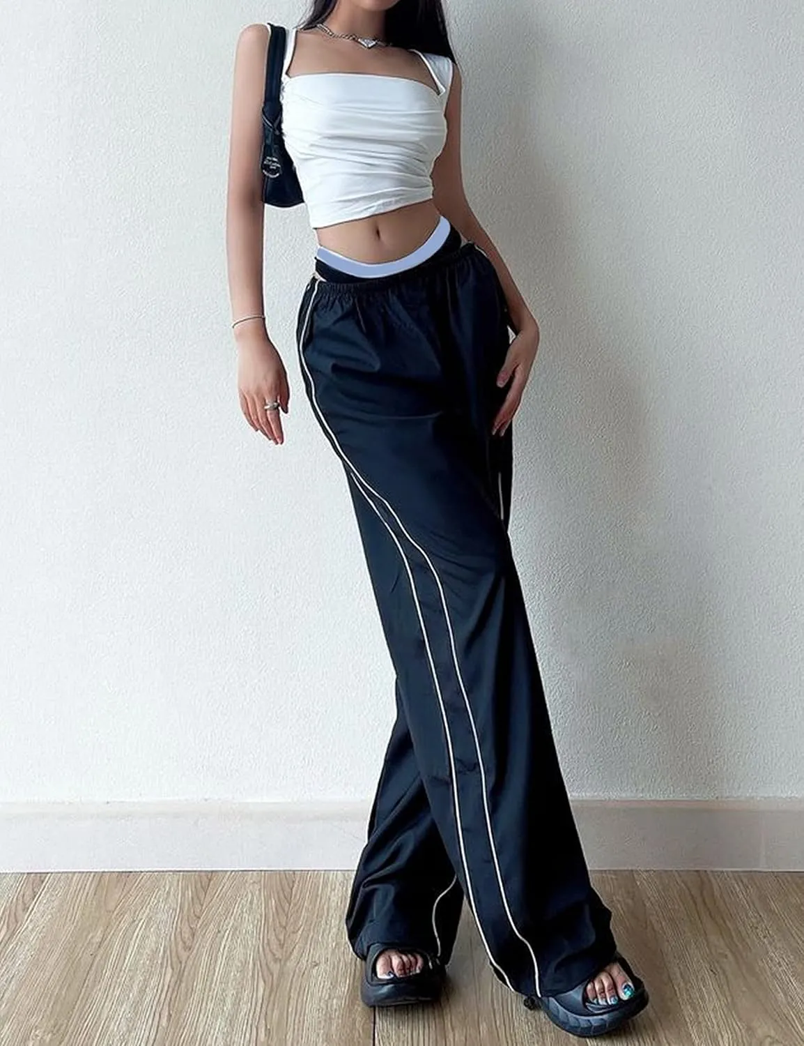 Women's Parachute Pants Baggy Track Y2K Black Elastic Waist Wide Leg Trousers